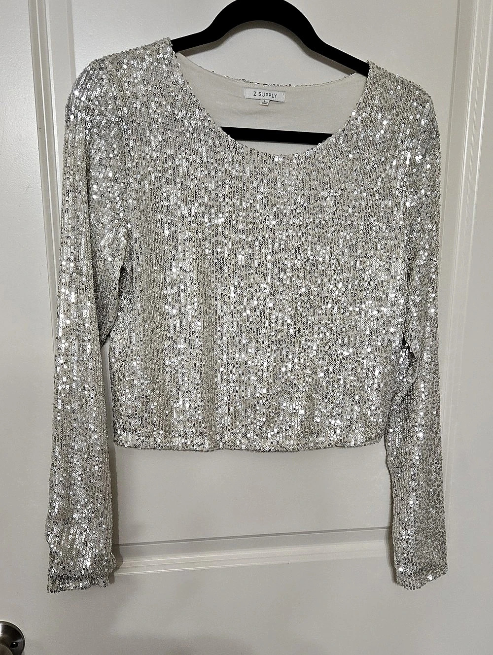 Z Supply  Silver Sequin Long Sleeve Crop Top Like New